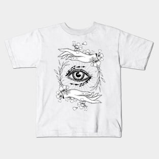 Third eye mystical symbol with woman hands and cute flowers. Kids T-Shirt